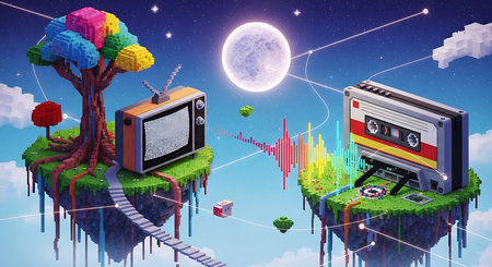 Retro television and audio cassette in the sky. 3d renderingの素材