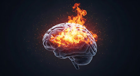 Human brain burning in flame. 3d rendering toned image double exposureの素材