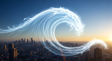 Fluid lightning against aerial view of cityscape 3D renderingの素材