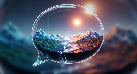Glowing hologram speech bubble with mountains and sun. 3D renderingの素材