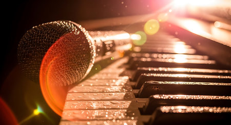 Close up of a microphone on a piano keyboard with rays of lightの素材