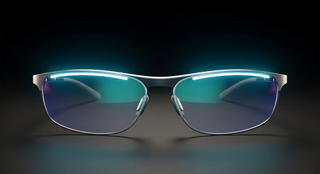 Sunglasses with blue lenses on a dark background. 3d renderingの素材