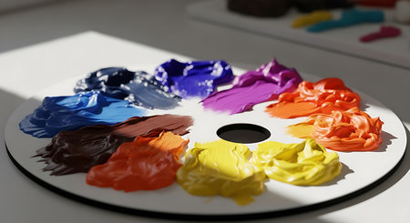 Painting palette with different colors of acrylic paint. 3D renderingの素材