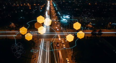 Aerial view of highway at night with light trails. Concept of smart city and wireless communication.の素材