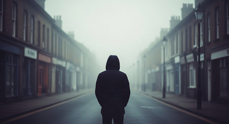 Man standing on a street in a foggy day and looking aheadの素材