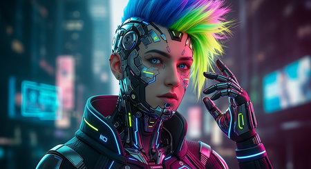 Cyborg woman with colorful hair and futuristic makeup. 3d renderingの素材