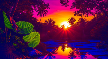 Tropical sunset in the tropics with palm trees and a pondの素材