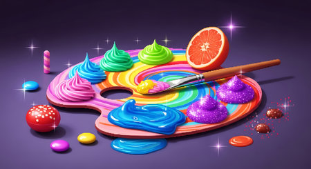 Vector illustration of colorful paint palette with fruits and sweets on purple backgroundの素材