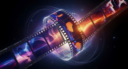 Film strip against composite image of planet earth in space. 3D renderingの素材