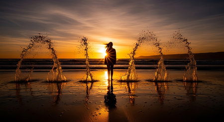 Silhouette of a girl at sunset on the beach with a fountainの素材