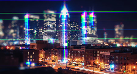 Night cityscape with glowing lights and digital interface. Technology concept. Double exposureの素材