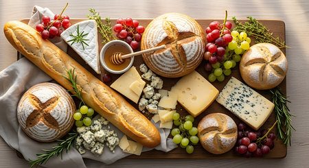 cheese platter with grapes, honey and bread on wooden backgroundの素材