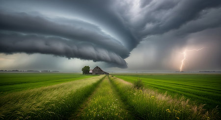 Storm clouds over a green field with a small house in the backgroundの素材