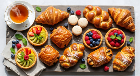 Breakfast with fresh croissants, berries and a cup of teaの素材