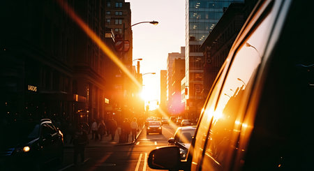 Traffic on the road at sunset in New York City, USA.の素材