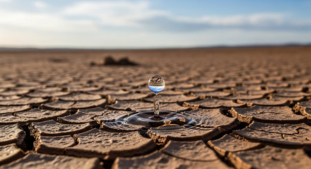 A drop of water on a dry cracked earth. Global warming concept.の素材