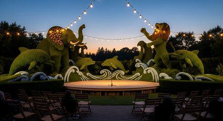 Lion and elephant in the park at night,3d renderの素材