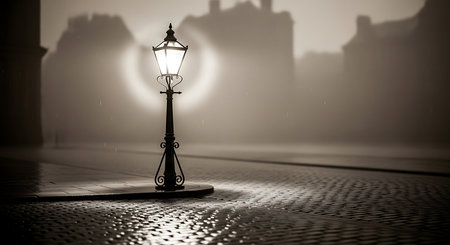 Street lamp on the pavement in a foggy city at night.の素材