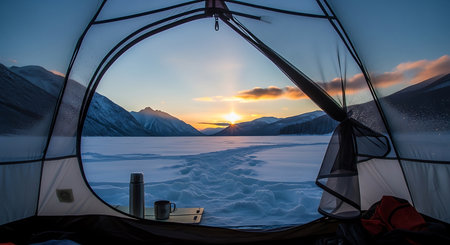 Camping tent on the frozen lake at sunset, Alaska, USAの素材