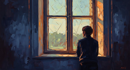 Young man sitting on the windowsill and looking at the city through the windowの素材