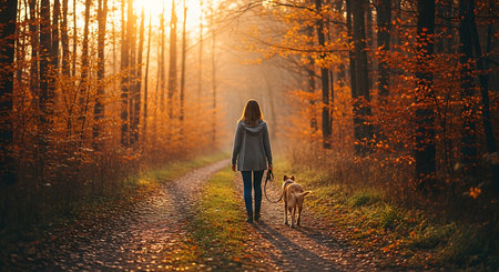 Young woman walking with her dog in the autumn forest at sunset.の素材