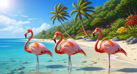 Flamingo on the beach in the tropics. 3d renderの素材
