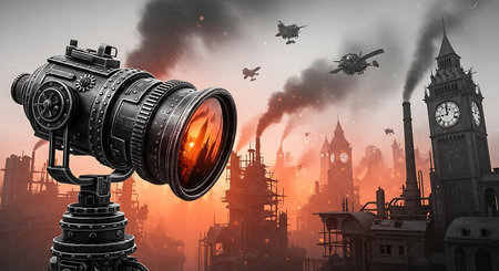 Image of camera against the background of a large city in the cloudsの素材