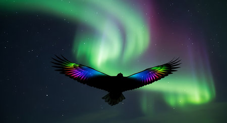 Night landscape with aurora borealis, northern lights and flying birdの素材