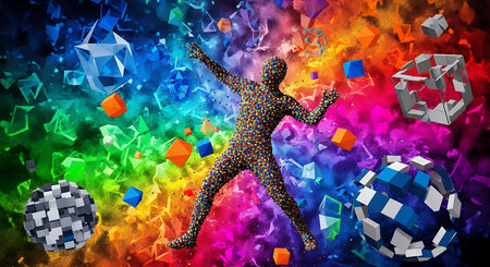 3D rendering of a man dancing in front of a colorful backgroundの素材