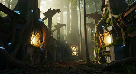 3d render of fantasy forest with old tree and lanterns.の素材