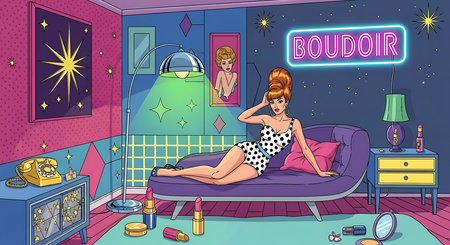Vector illustration of a girl sitting on a sofa in a night clubの素材