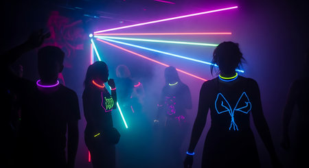 Silhouette of people dancing in club. Neon laser show.の素材