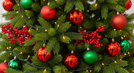 Christmas tree decorated with red and green baubles and garlandの素材