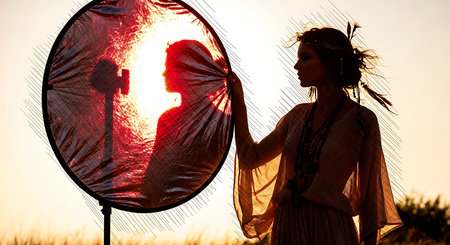 Silhouette of indian woman in traditional clothing with umbrella at sunsetの素材