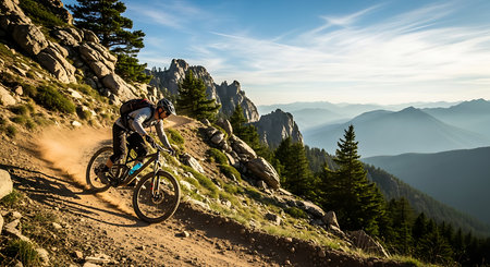 Cyclist Riding the Mountain Bike on the Trail in the Rocky Mountainsの素材