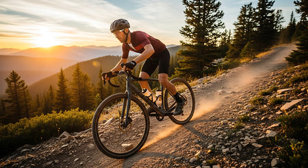 Cyclist Riding the Bike on the Trail in the Mountains at Sunset. Extreme Sport Concept.の素材