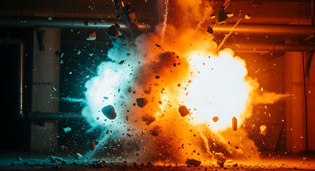 Industrial scene with sparks flying from burning steel structure. Industrial backgroundの素材