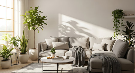 Interior of modern living room with gray sofa, coffee table and plants. 3d renderの素材