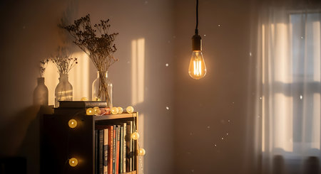 Vintage bookshelf with light bulbs and dried flowers in roomの素材