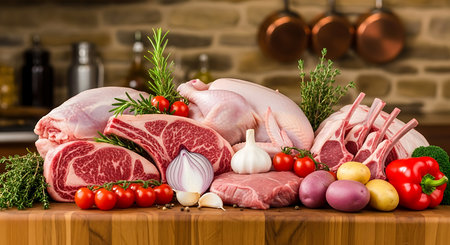 Raw meat with vegetables and spices on a wooden table in the kitchenの素材