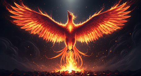 3d rendering of an eagle flying in the night sky with a fireの素材