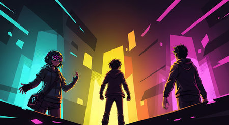 Young people in futuristic city. Concept of cyberpunk. 3d renderingの素材