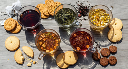 Various kinds of tea and cookies on wooden table. Top view.の素材