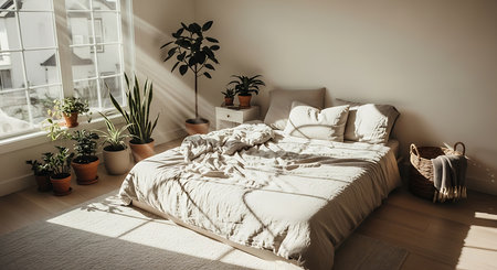Interior of a modern bedroom with a double bed and plants.の素材