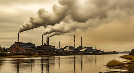 Industrial landscape with smoking chimneys on the river bank and cloudy skyの素材