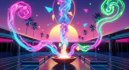 Futuristic landscape with palm trees and a huge fountain. 3d renderingの素材