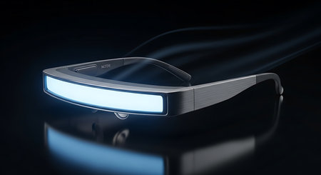 Virtual reality glasses on black background. 3D rendering. Virtual reality concept.の素材