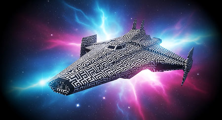 Futuristic spaceship in space with glowing stars. 3D renderingの素材