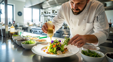 Chef preparing a salad in the kitchen of a restaurant or hotelの素材