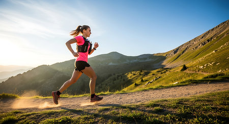 Runner athlete running on mountain trail. woman fitness jogging workout wellness concept.の素材